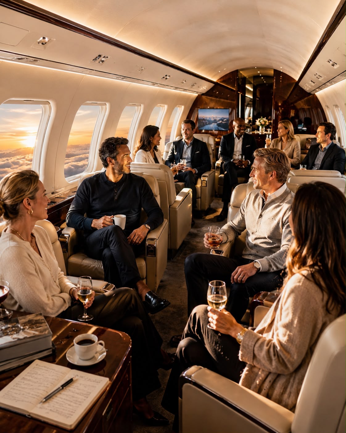 Founders in private jet cabin at sunset