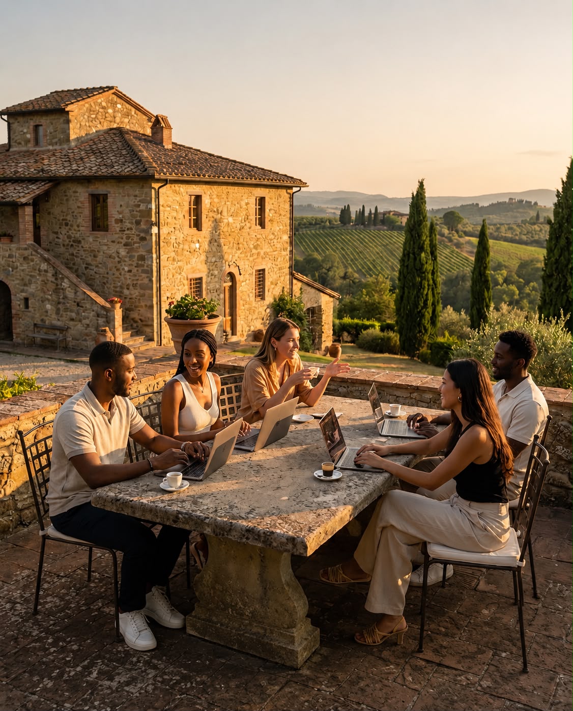 Founders gathered at a stone table · Tuscan villa at sunset